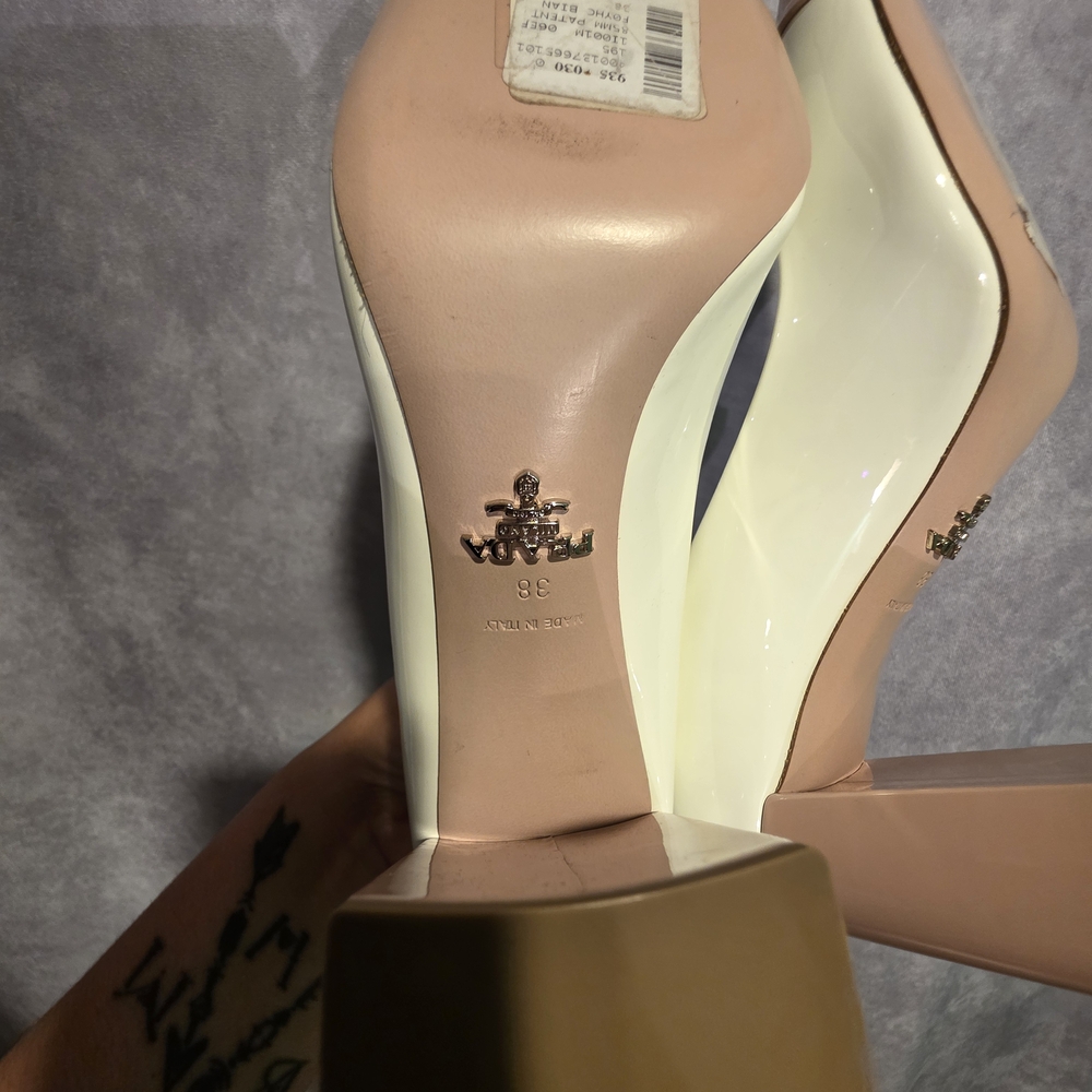 Prada Women's Cream and Blush Cap-Toe Patent Leather Flats - Picture 4 of 12